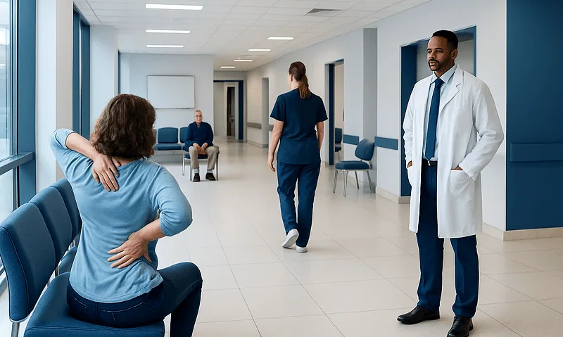 Patient experiencing back pain in a hospital corridor with medical staff nearby.