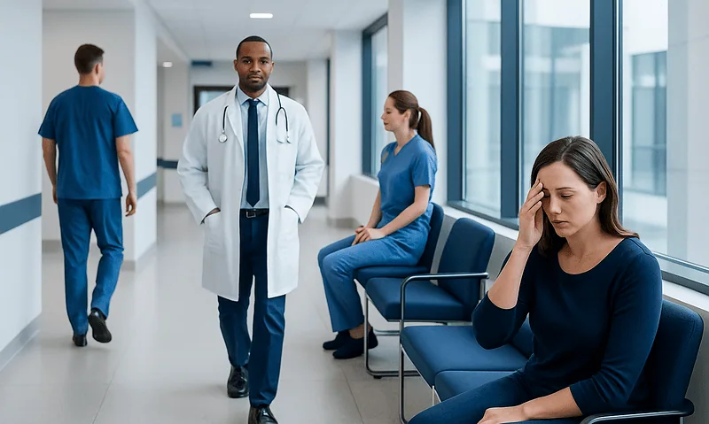 Patients and doctors in a hospital corridor, woman with headache sitting on bench.
