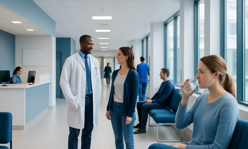 Doctor talking to a patient in a modern hospital corridor.