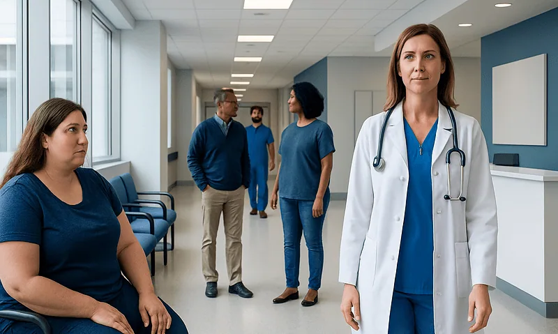 Medical team in hospital corridor with patient and doctor at Acibadem Hospitals Group.