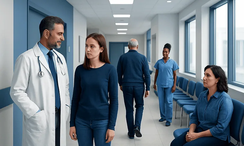 Doctor talking to a young patient in a hospital corridor.