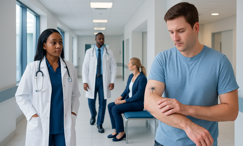 Patient scratching arm in hospital corridor with medical staff nearby.