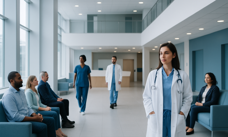 Healthcare professionals and patients in a modern hospital waiting area.