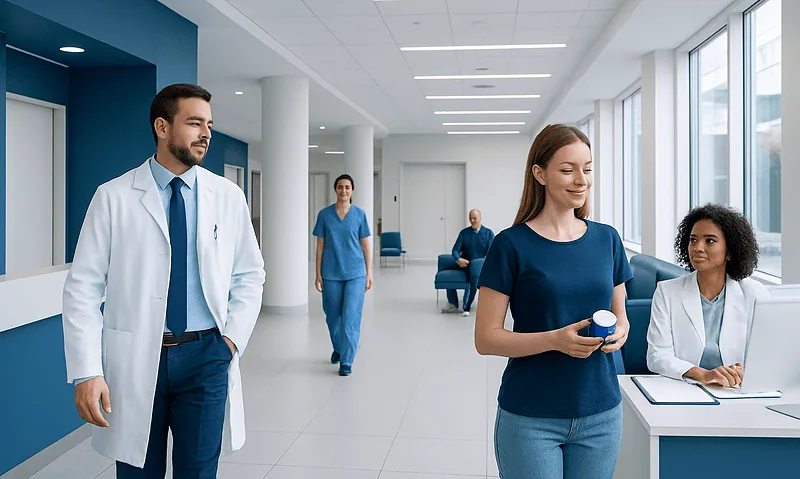 Healthcare professionals and a patient in a modern hospital corridor.