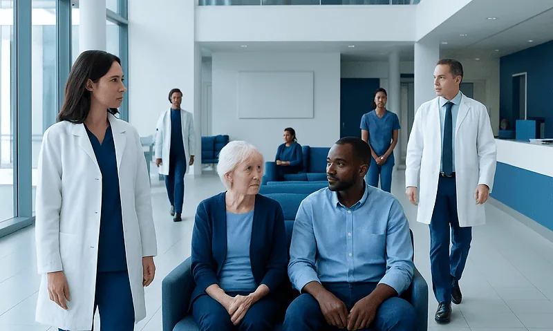 Medical team consulting with elderly patient in hospital lobby.
