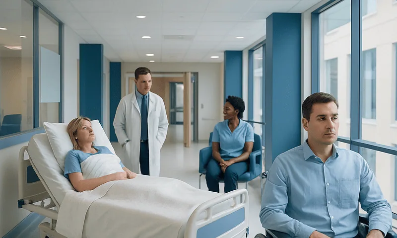 Patient in hospital bed with medical staff in a modern hospital corridor.