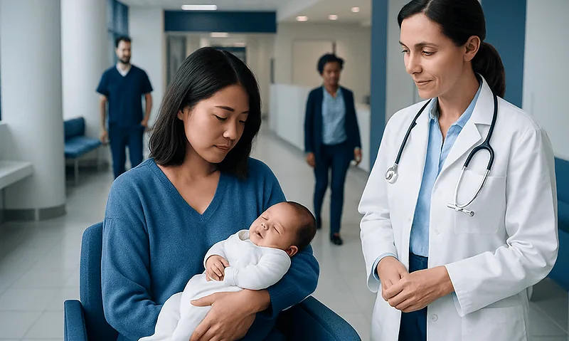 Mother holding a newborn in a hospital, with a doctor nearby.