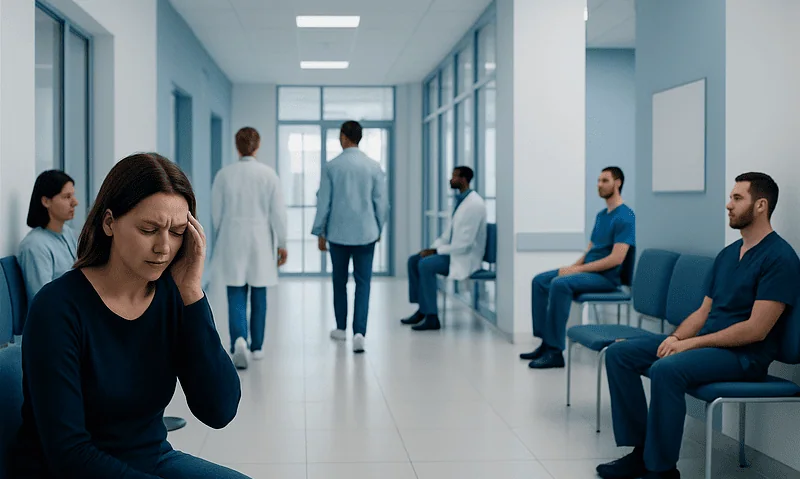 Woman with headache in hospital waiting area with medical staff and patients.