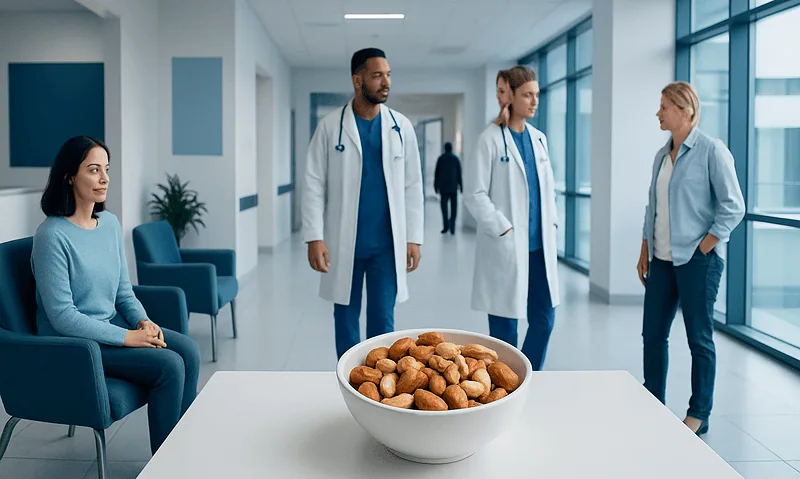 Medical professionals and a patient in a hospital corridor with a bowl of nuts on a table.