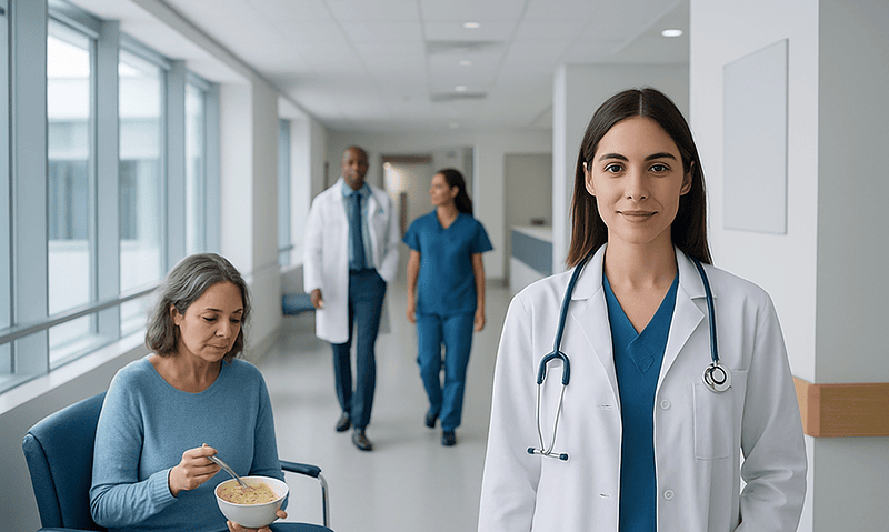 Healthcare professionals and patient in a modern hospital corridor.