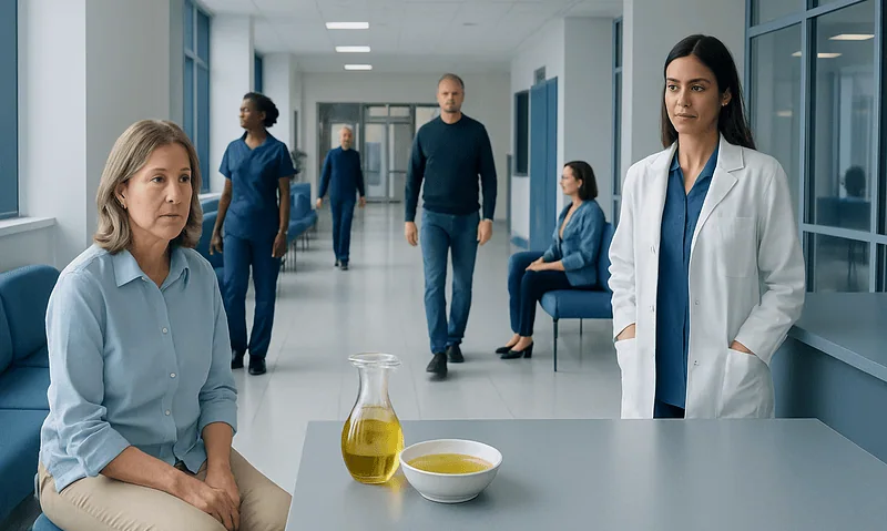 Medical staff and patient in hospital corridor with olive oil on table.