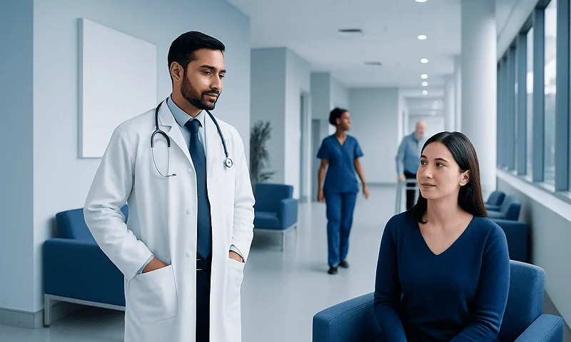 Doctor talking to a patient in a modern hospital corridor.