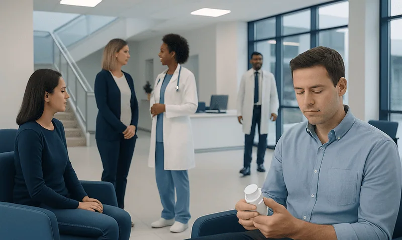 Medical consultation in a modern hospital with doctors and patient.