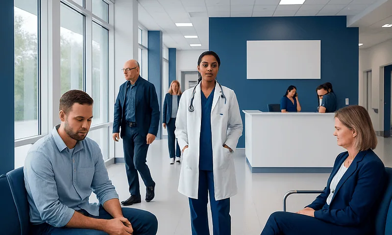 Medical professionals and patients in a modern hospital waiting area.