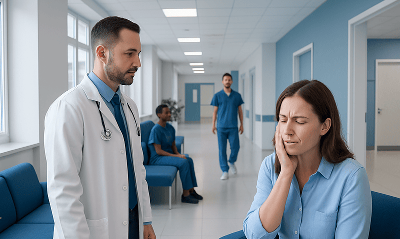 Patient experiencing tooth pain in a hospital corridor with medical staff nearby.