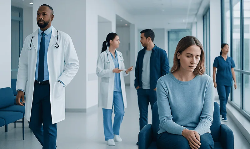 Patient waiting in hospital corridor with medical staff nearby.