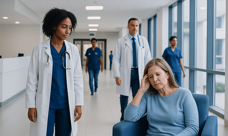 Patient experiencing headache in hospital corridor with medical staff nearby.