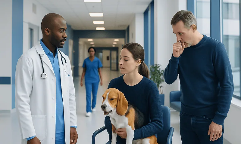 Veterinarian and pet owner discuss dog health in clinic corridor.