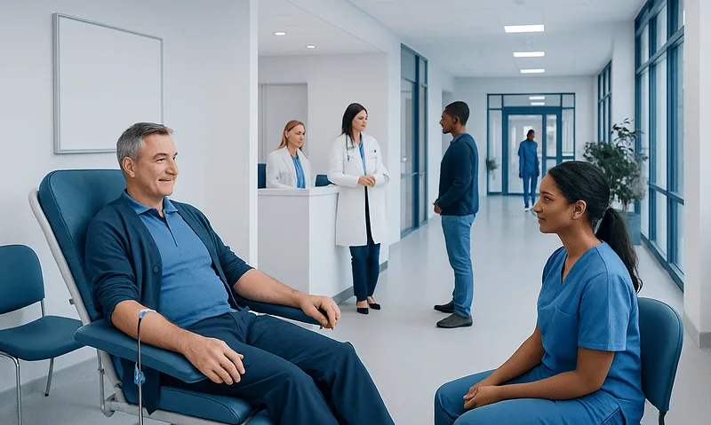 Patient donating blood in a hospital blood donation room.