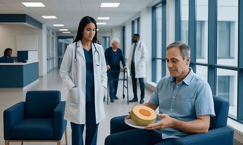 Doctor holding a melon in a hospital corridor with patients nearby.
