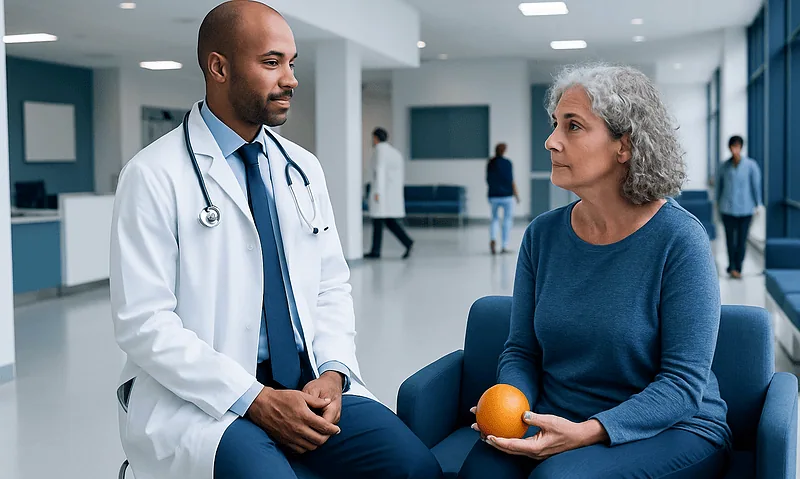 Doctor consulting with a patient in a hospital waiting area.