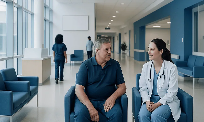Doctor consulting with a patient in a modern hospital waiting area.