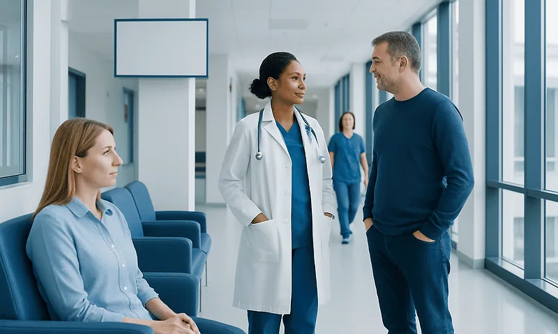 Doctor talking to patient in hospital corridor with waiting area seats.