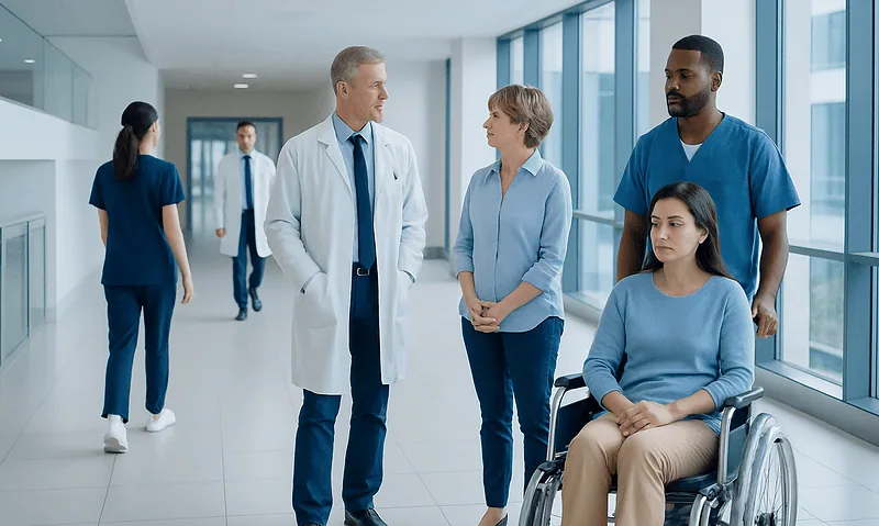Medical team consulting with patient in hospital corridor.