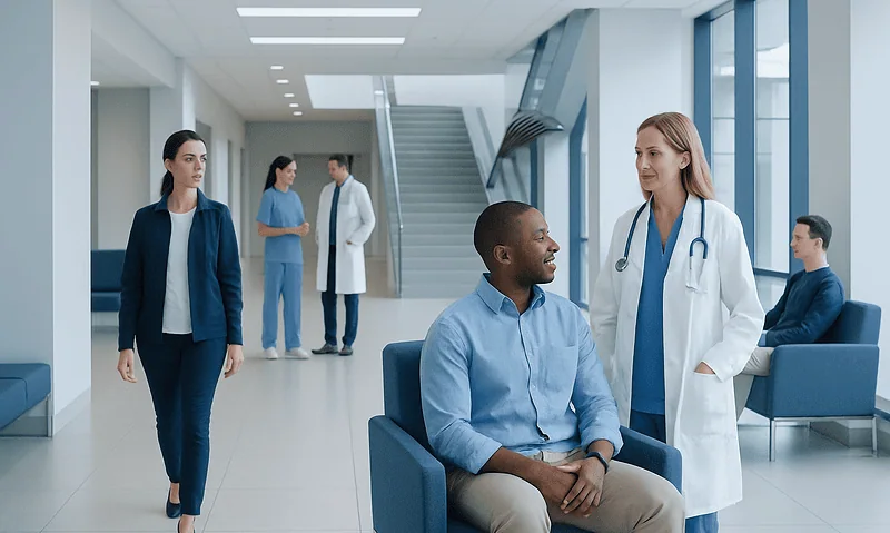 Healthcare professionals and patient in modern hospital corridor.