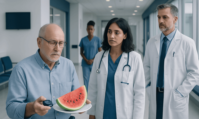 Doctor explaining watermelon benefits to patient in hospital corridor.