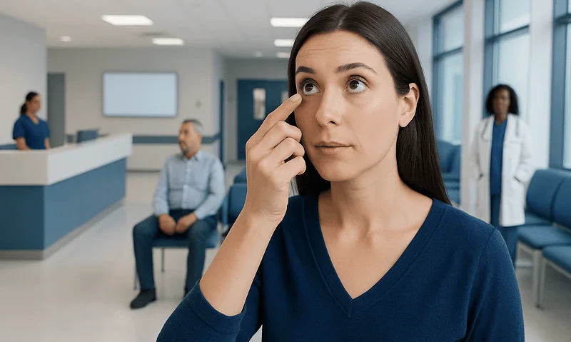Woman in a clinic contemplating eye health and contact lens options.