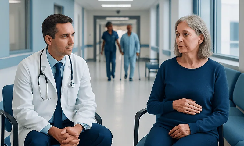 Doctor consulting with a female patient in a hospital corridor.