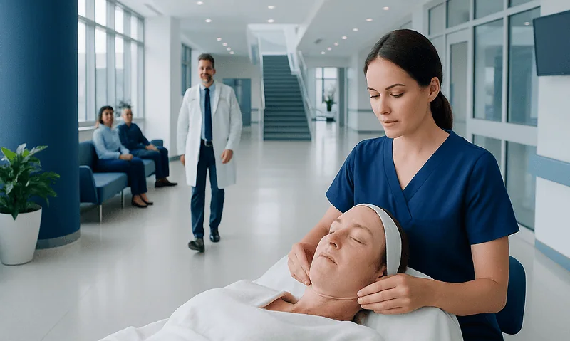 Skilled aesthetician performs facial treatment on patient in clinic.