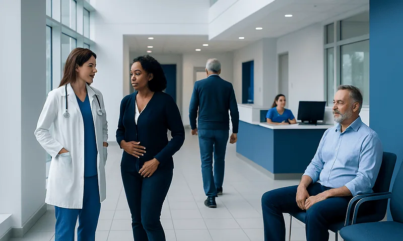 Healthcare professionals and patient in hospital corridor at Acibadem Hospitals Group.