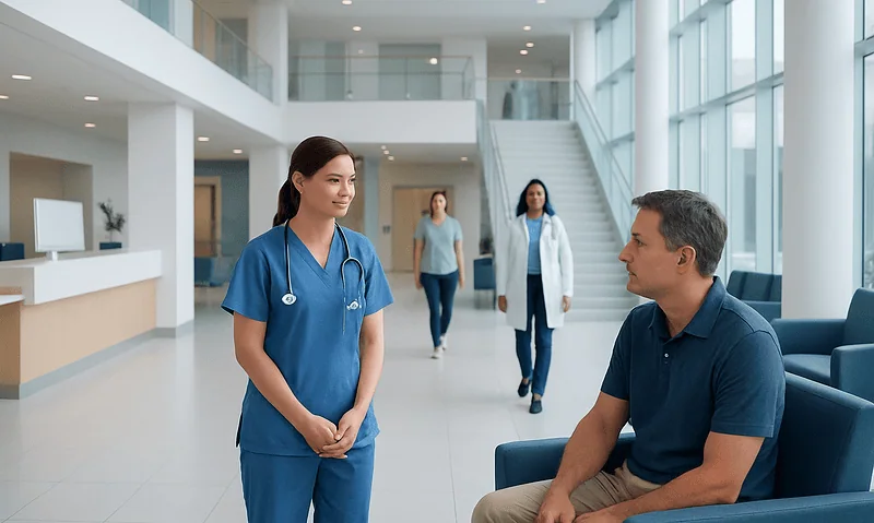 Healthcare professionals consulting with a patient in a modern hospital lobby.