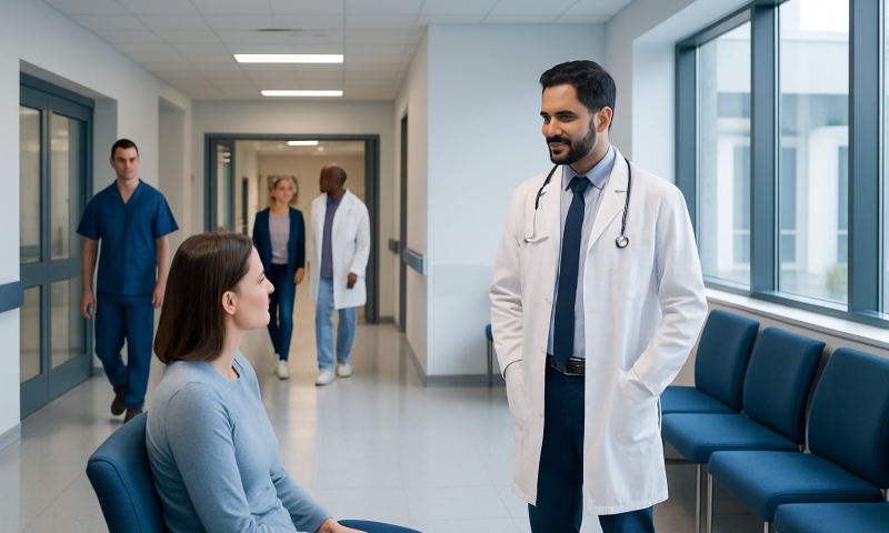 Can Piles Bleed? Here Is What the Evidence Says 10 Doctor talking to a patient in a hospital corridor with medical staff in the background.