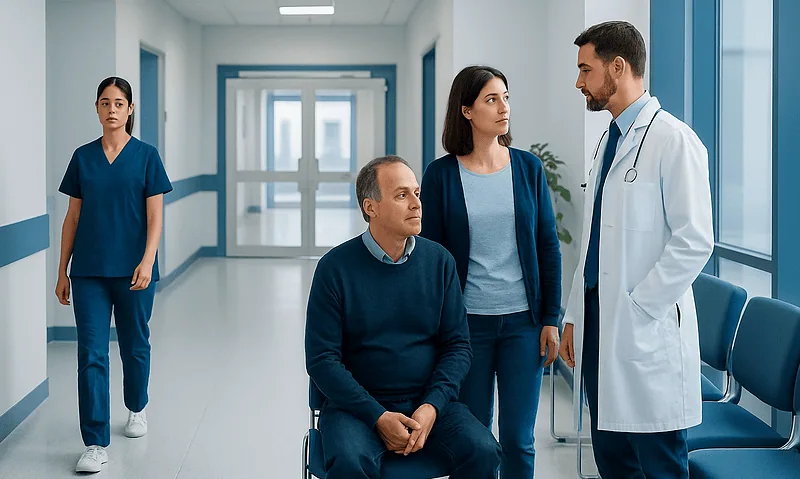 Doctor consulting with patient and family in hospital corridor.