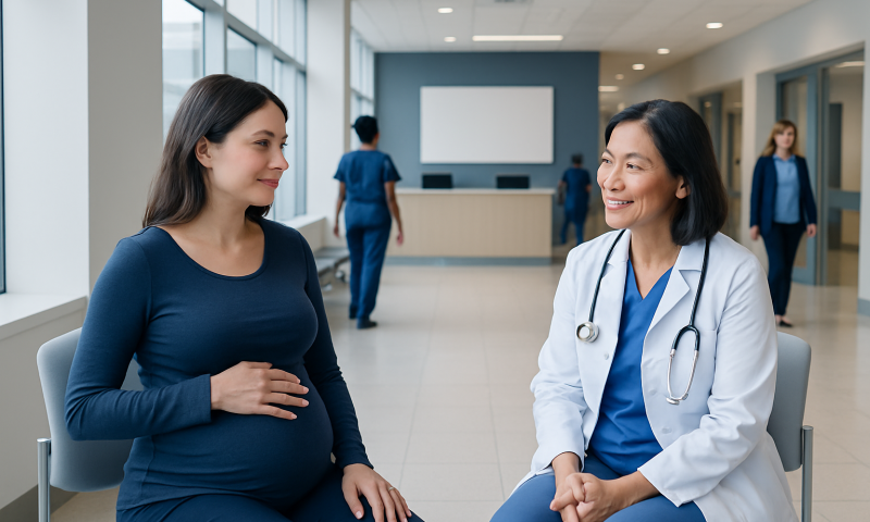 Pregnant woman consulting with a doctor in a hospital corridor.