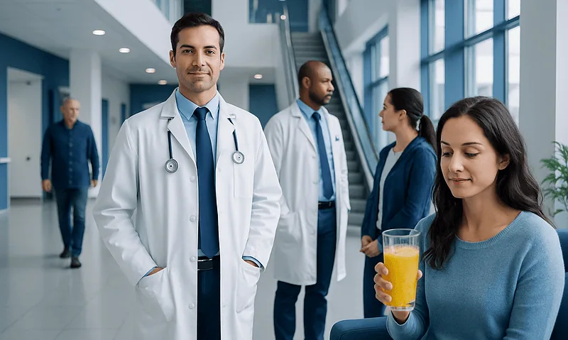 Medical professionals and patient in hospital corridor at Acibadem Hospitals Group.