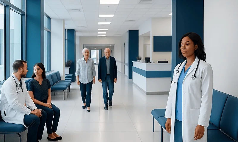 Medical professionals and patients in a modern hospital corridor at Acibadem Hospitals Group.