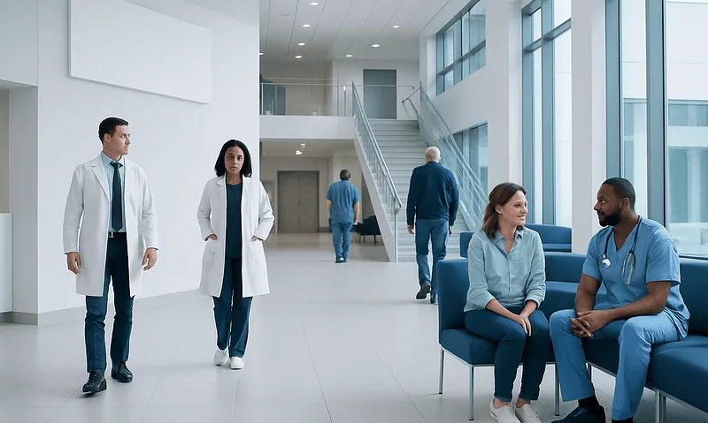 Modern hospital lobby with medical staff and patients.
