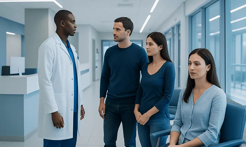 Doctor consulting with a couple in a modern hospital corridor.