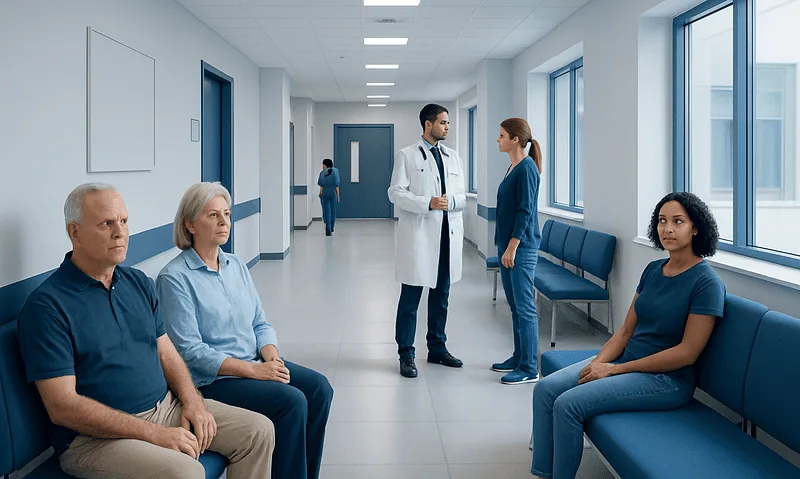 Patients waiting in a hospital corridor with medical staff nearby.