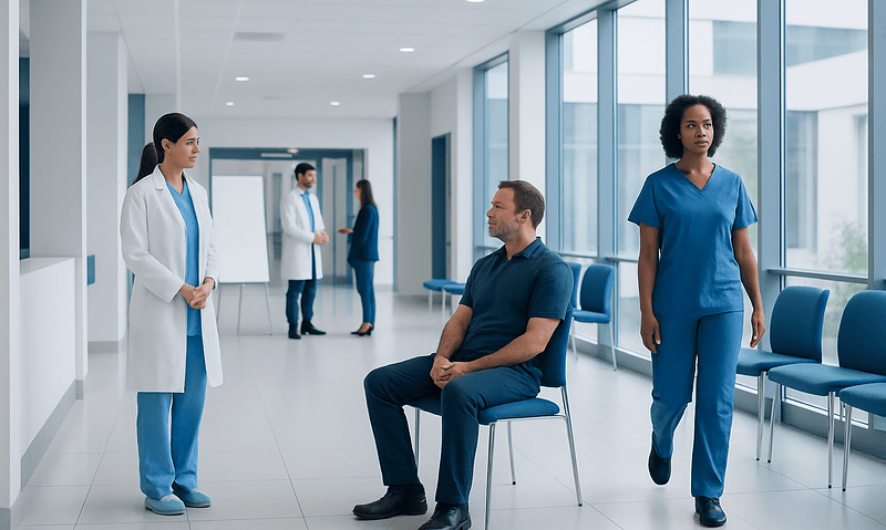 Hospital waiting area with medical staff and patient.