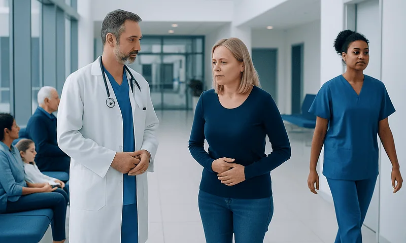 Doctor talking to a patient in a hospital corridor with staff and patients nearby.