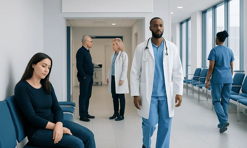 Medical professionals and patient in a hospital waiting area at Acibadem Hospitals Group.