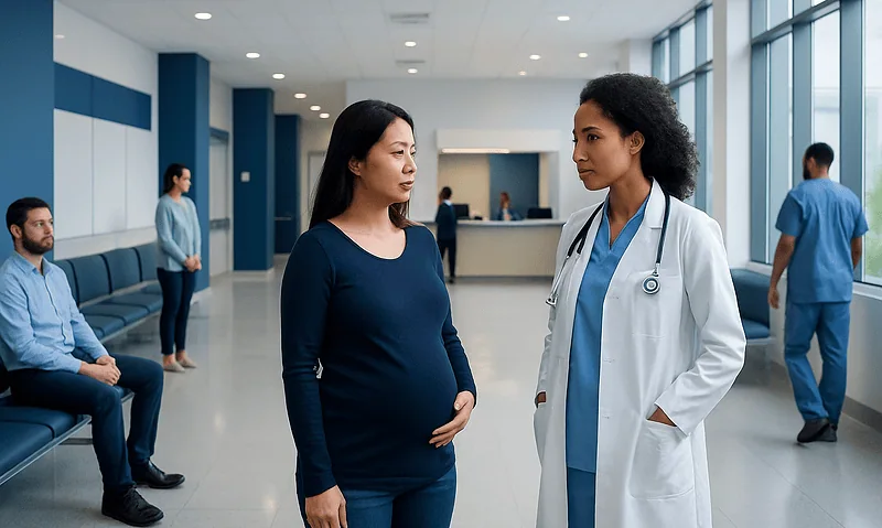 Can You Still Be Pregnant and Have Periods? Causes, Explanations, and Next Steps 7 Pregnant woman consulting with a doctor in a hospital corridor.