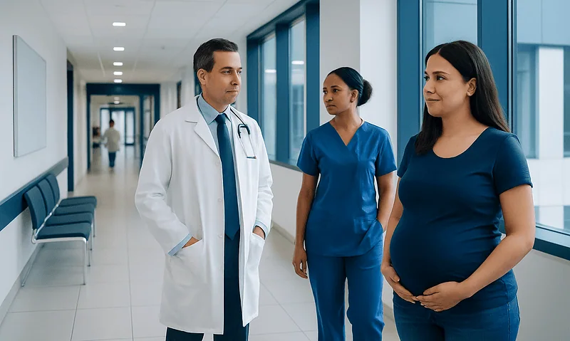 Pregnant woman with healthcare professionals in hospital corridor.