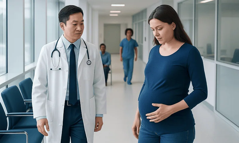 Pregnant woman consulting with a doctor in a hospital corridor.