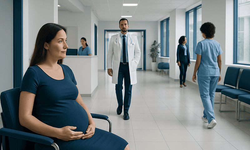Pregnant woman waiting in hospital corridor with medical staff nearby.